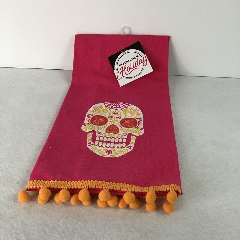 Day of Dead Kitchen Towel Sugar Skull‎ Hot Pink Destination Holiday Marigold